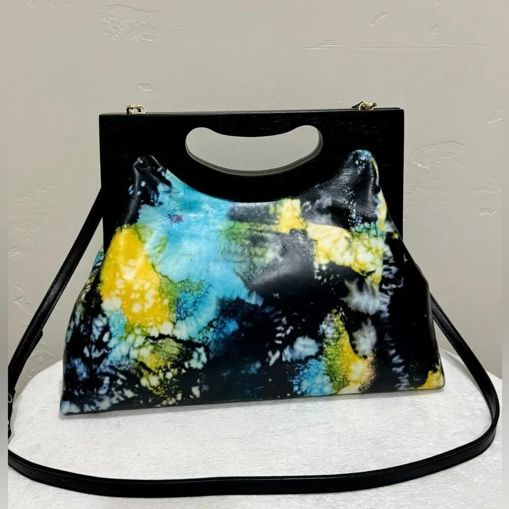 Unique Cowhide Leather Tie-dye Print Handmade Wooden Frame Top Handle Bag